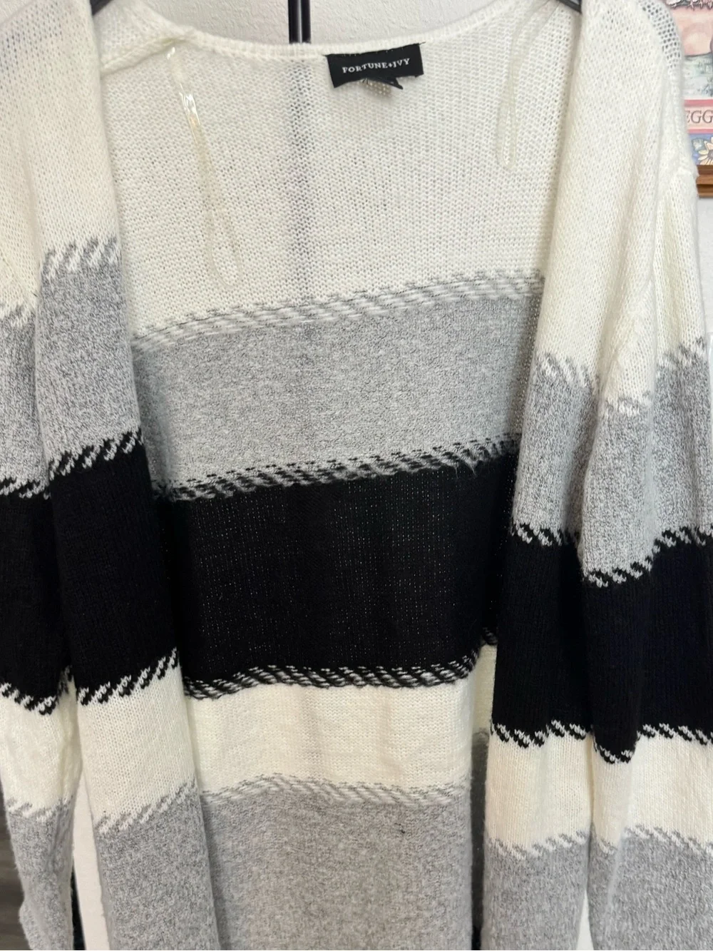 Women's Cream, Gray & Black Striped Knit Sweater Fortune and Ivy Size Large
